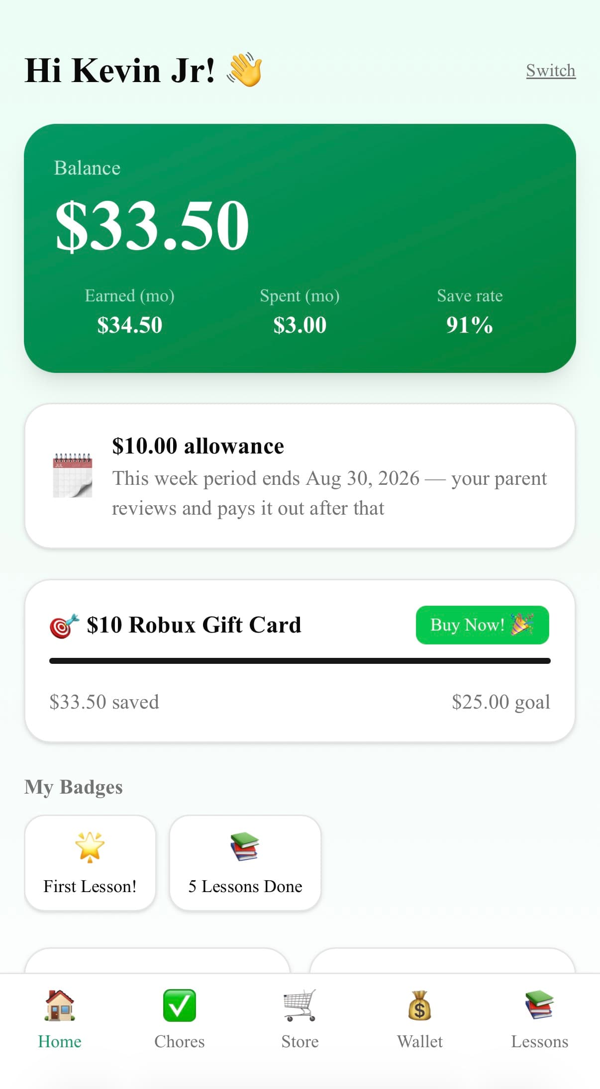 Kid home screen showing wallet balance